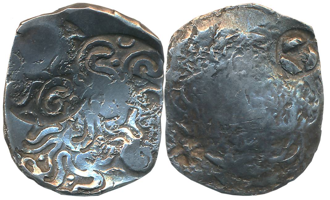 Punch Marked, Silver Vimsatika, 4.35g, Uniface, Intricate Geometric symbols on obverse. Ve