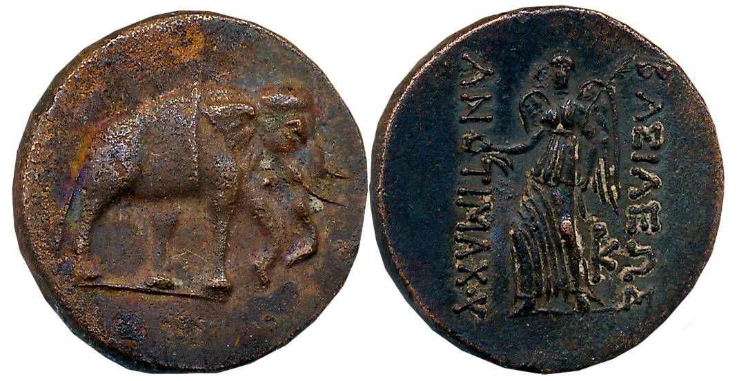 Graeco Baktrian, Antimachos I Theos, Bronze, 8.18g, Obv: Elephant advancing to right, Rev: