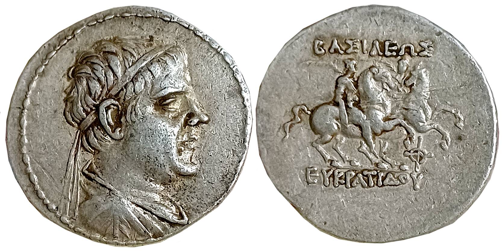 Graeco Baktrian, Eukratides I, Silver Tetradrachm, 16.92g, Obv: Diademed bust of Eukratide
