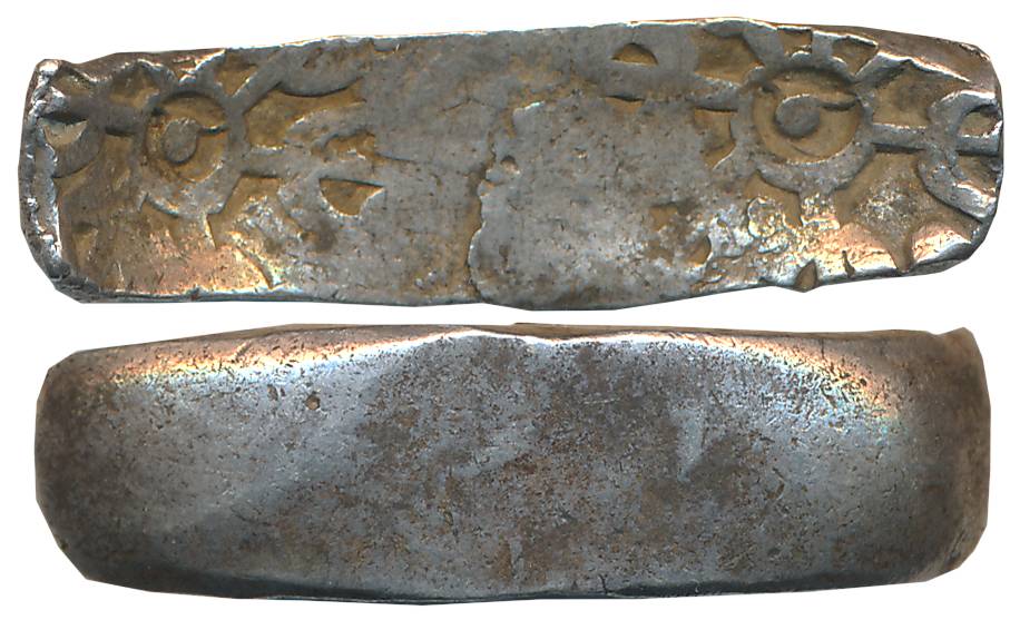 Punch Marked, Attributed to Gandhara Janapada, Silver Bent Bar, 11.49g, Uniface, Six armed