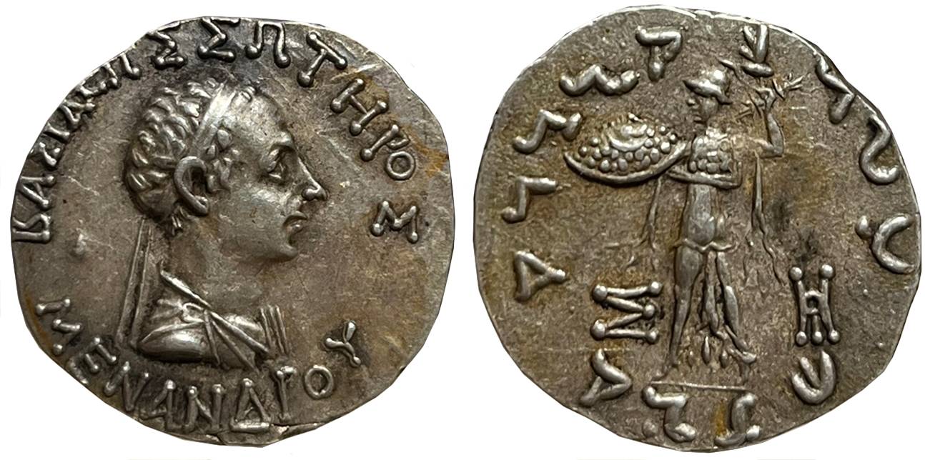 Indo Greeks, Menander I, Silver Tetradrachm, 9.77g, Obv: Diademed bust of king to right, G