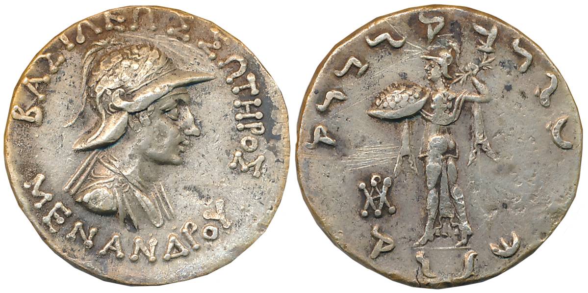 Indo Greeks, Menander I, Silver Tetradrachm, 9.82g, Obv: Diademed bust of king to right in