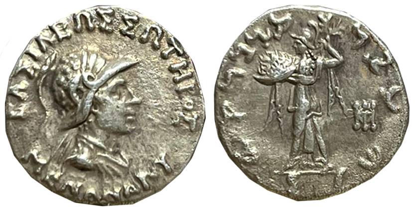 Indo Greeks, Menander I, Silver Drachma, 2.41g, Obv: Diademed but of king to right, wearin
