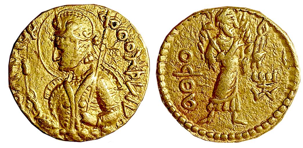 Kushan, Huvishka, Gold Dinar, 7.89g, struck at main mint in Gandhara, late phase, Obv: Nim