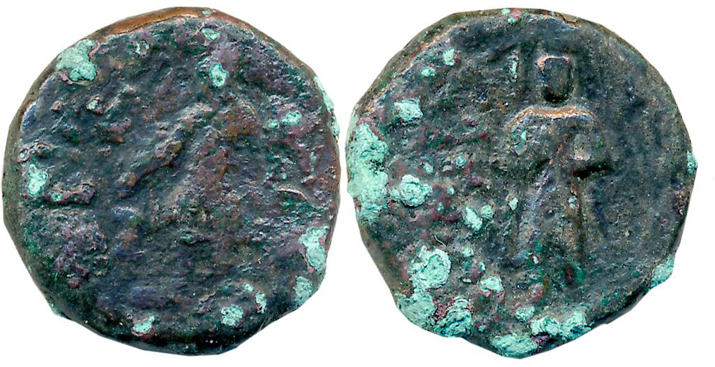 Kushan, Kanishka, Copper, 8.22g, “Sakyamuni Buddha” type, Obv: Bearded King offering at al