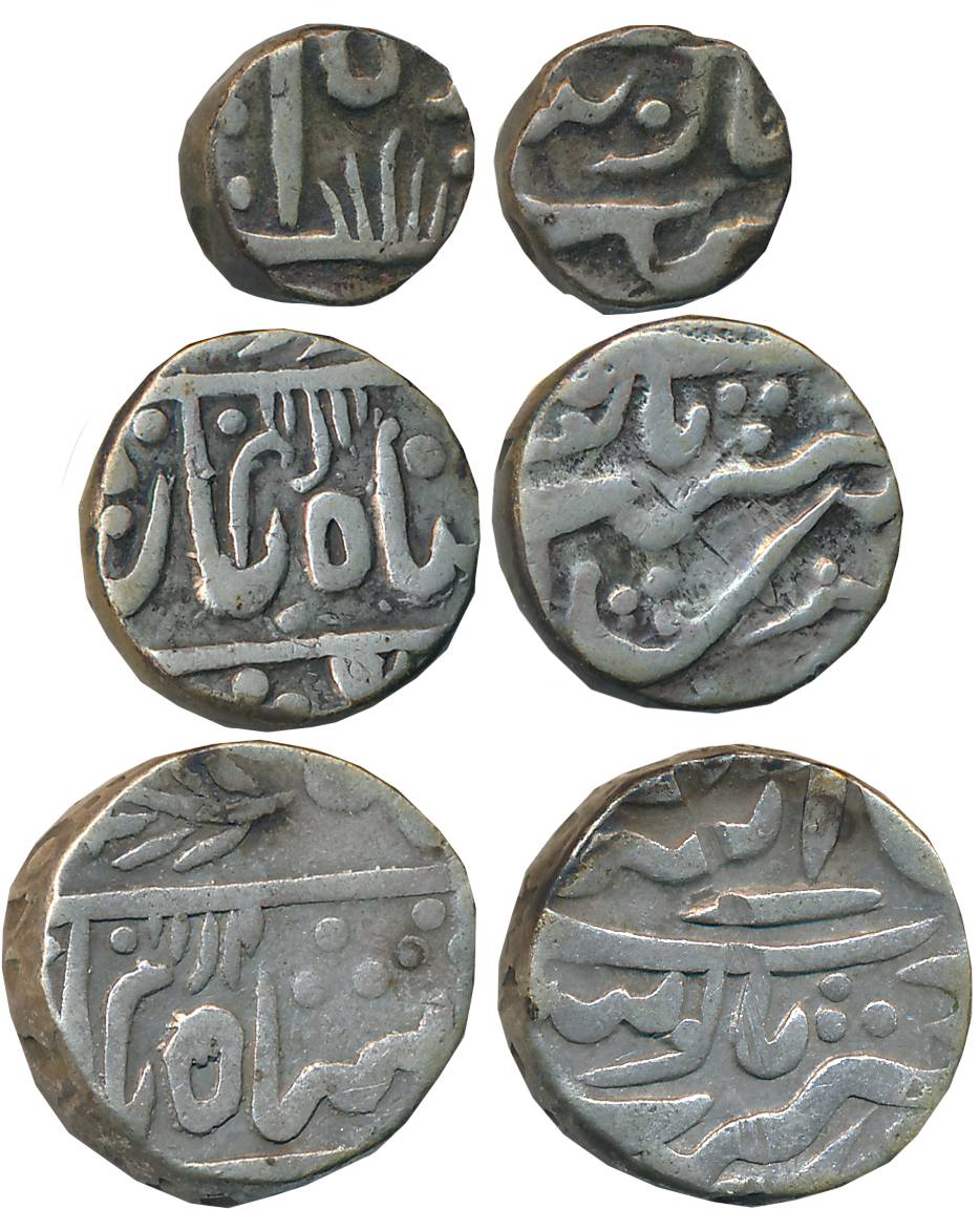 Silver (3), Rupee, 1/2 Rupee, 1/4 Rupee, 10.62g, 5.33g, 2.56g, Chitor Mint (KM# C# 26, 25,