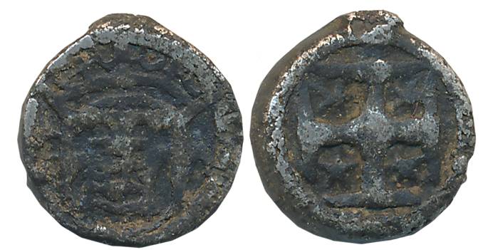 Goa, D. Filip II, Tin Bazaruco, 2.23g, Obv: Crowned arms, Rev: Cross (Gomes# 18.01). Very 