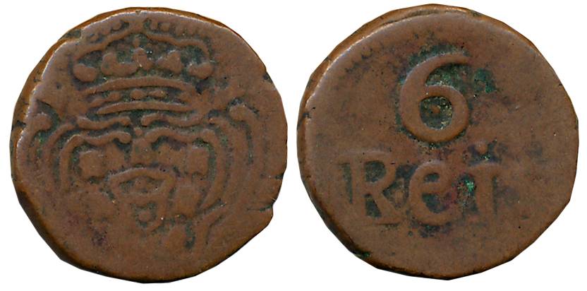 Goa, D. Joao VI, Copper 6 Reis, 3.47g, ND, Obv: Crowned arms, Rev: Value (Gomes# 03.01). V