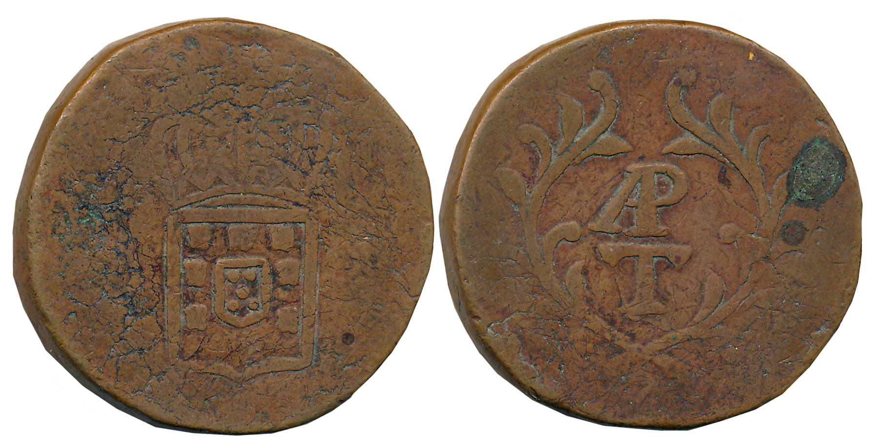 Goa, Miguel I, Copper, APT Tanga- 60 Reis, 40.23g, ND, Obv: Crowned arms, Rev: AP / T with