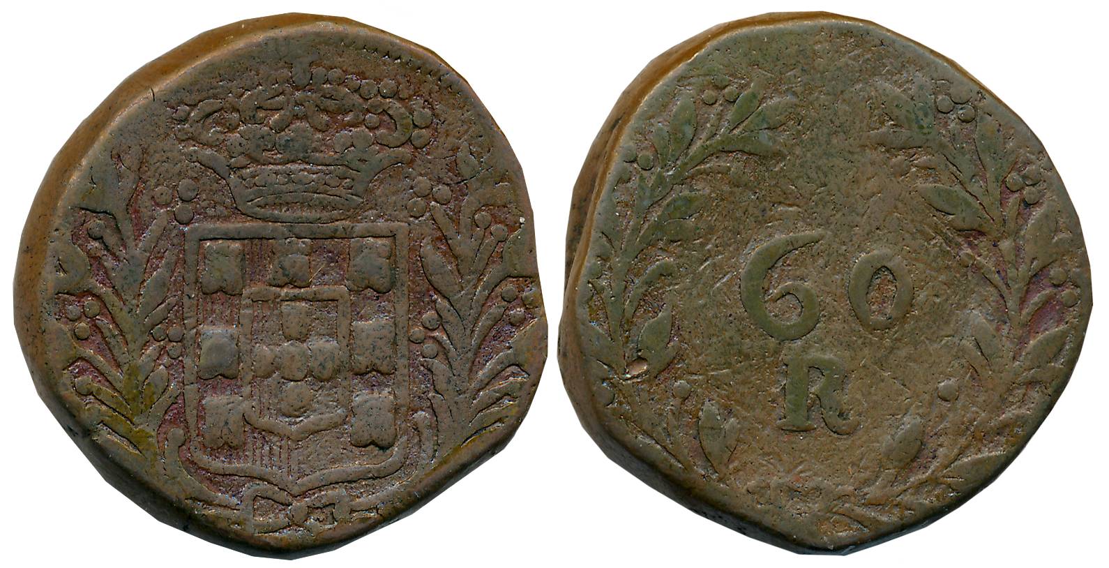Damao, D. Maria II, Copper, 60 Reis, 34.53g, 1840 (Date off flan), Obv: Crowned arms, Date
