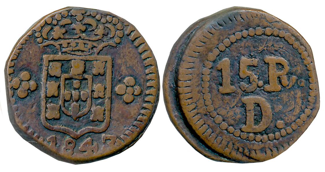 Damao, D. Maria II, Copper, 15 Reis, 9.15g, Obv: Crowned arms, Rev: Value (Gomes# 12.01). 
