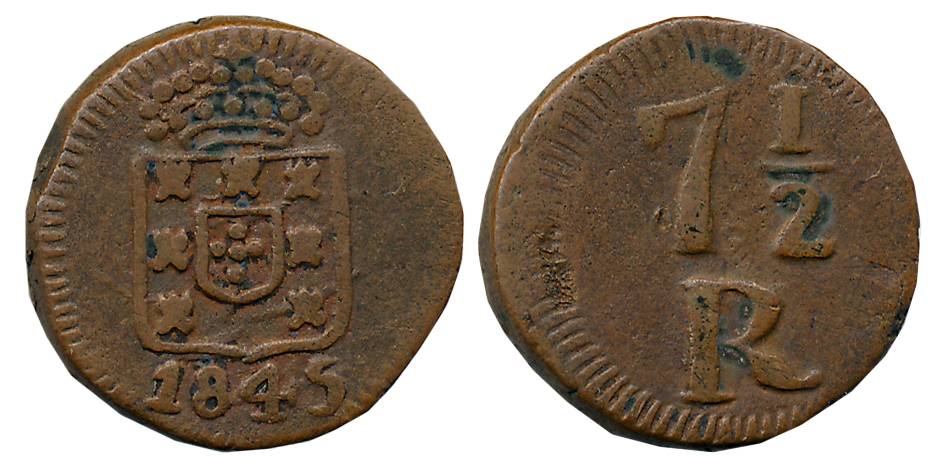 Goa, Maria II, Copper, 7 1/2 Reis, 5.26g, 1845, Obv: Crowned arms, Rev: Value (Gomes# 08.0