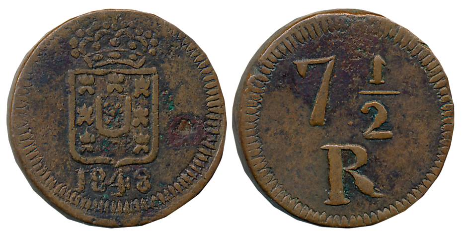 Goa, Maria II, Copper, 7 1/2 Reis, 4.82g, 1848, Obv: Crowned arms, Rev: Value (Gomes# 08.0