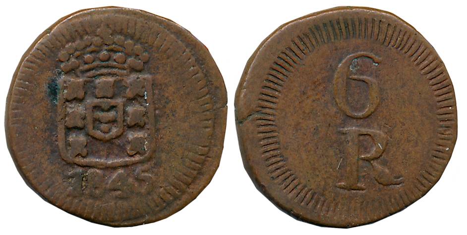 Goa, Maria II, Copper, 6 Reis, 4.02g,1845, Obv: Crowned arms, Rev: Value (Gomes# 06.01). V