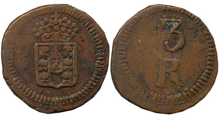 Goa, Maria II, Copper, 3 Reis, 1.90g, ND, Obv: Crowned arms, Rev: Value (Gomes# 01.01). Ve
