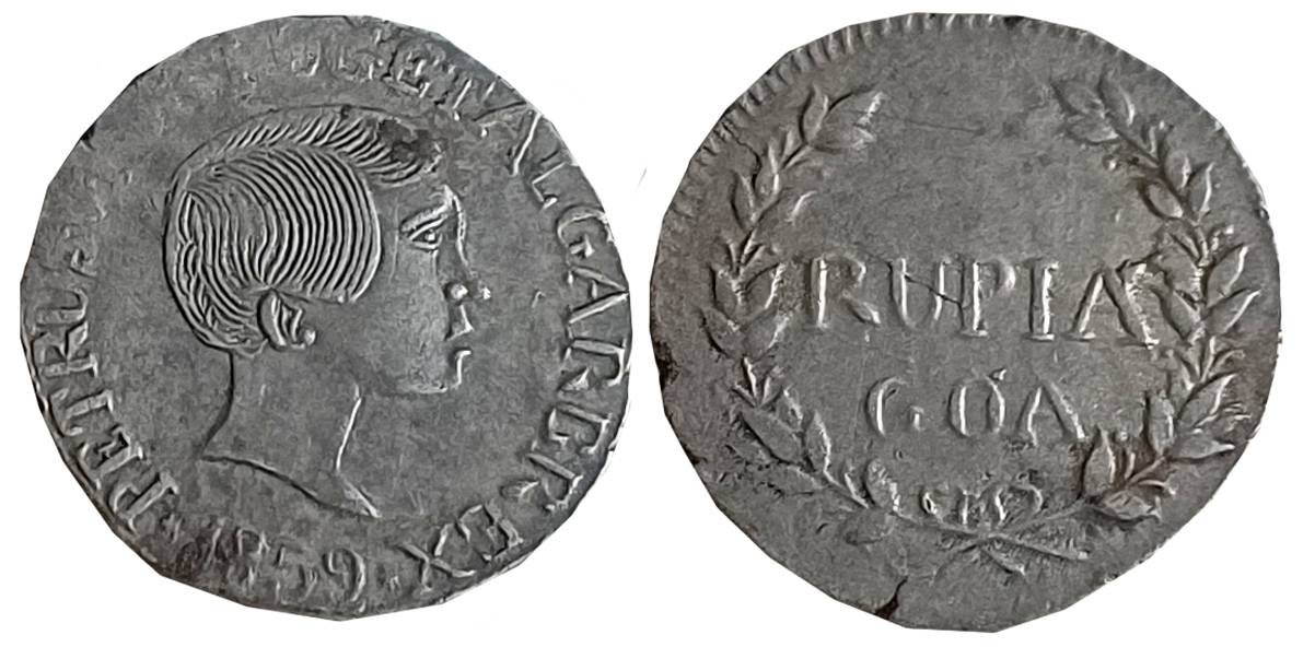 Goa, D. Pedro V, Silver Rupia- 600 Reis, 10.78g, 1859, Obv: Bust to right, legend around, 