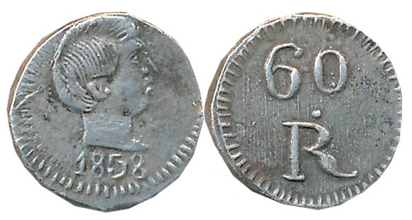 Goa, D. Pedro V, Silver 60 Reis- Tanga, 1.08g, 1858, Obv: Bust of Pedro to right, date bel