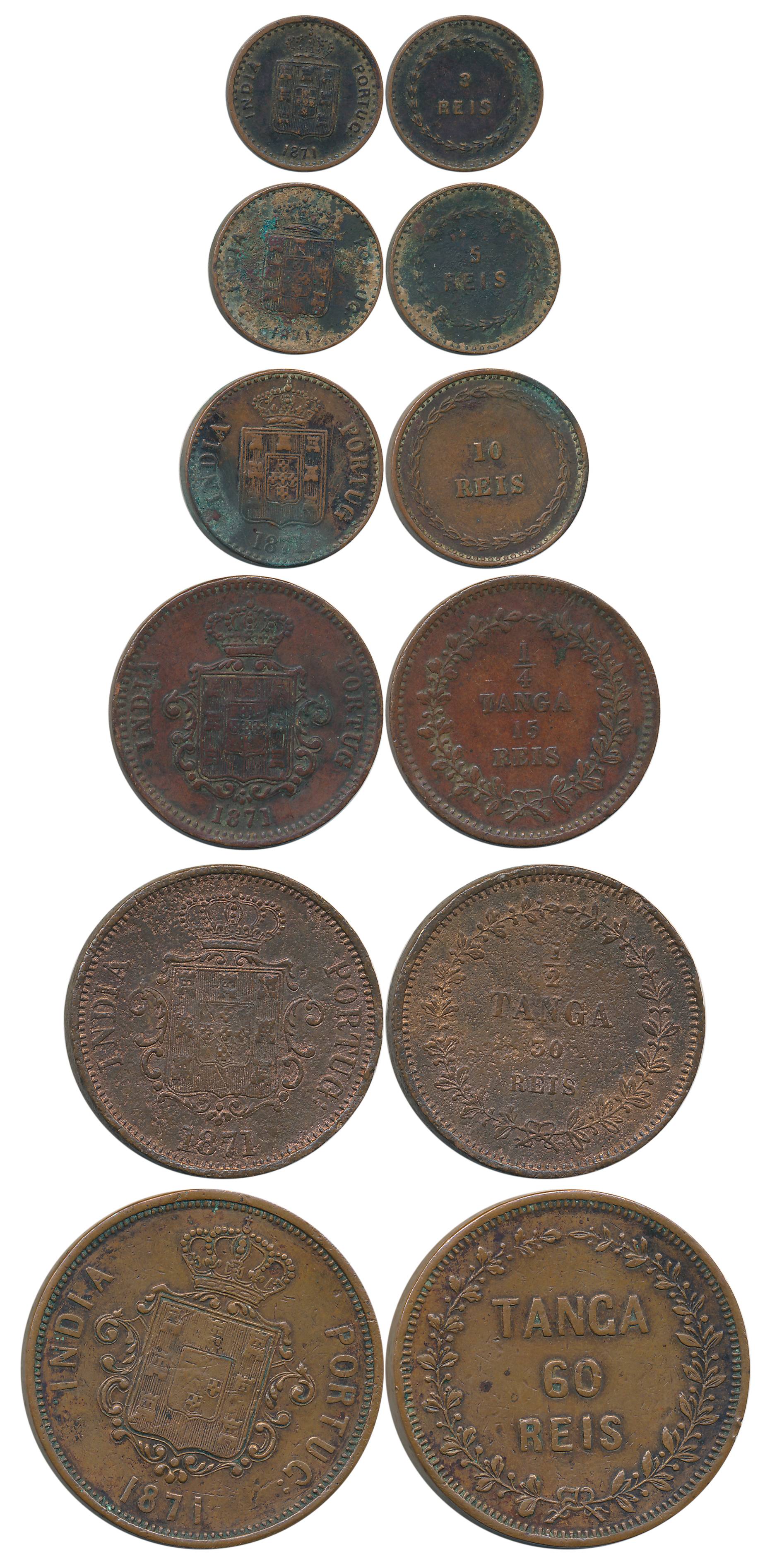 Goa, D. Luis I, Copper Complete Set of 6, 60 Reis, 30 Reis, 15 Reis, 10 Reis, 5 Reis & 3 R