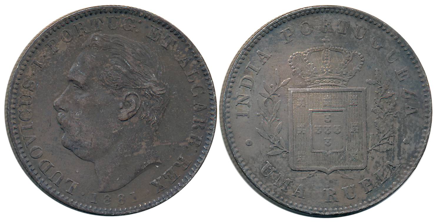 D. Luis I, Silver Rupee-Uma Rupia, 1881, Obv: Bust to left, Rev: Crowned arms within spray