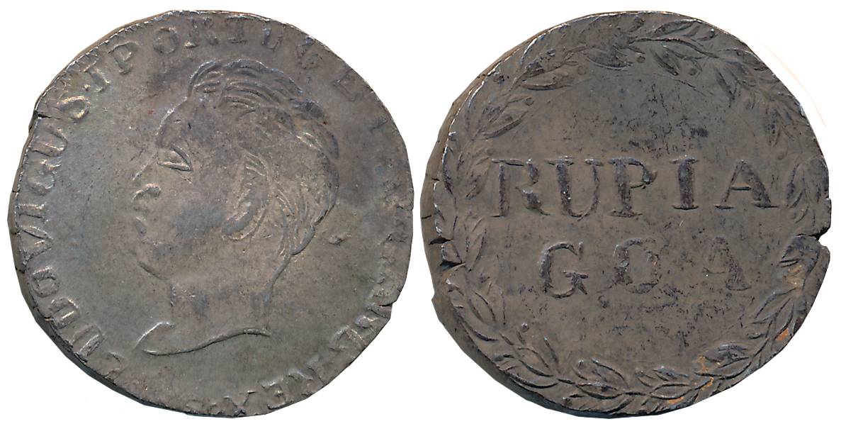 D. Luis I, Silver Rupee, 18XX, Obv: Head of Luiz I to left, Rev: Value within sprays (KM# 