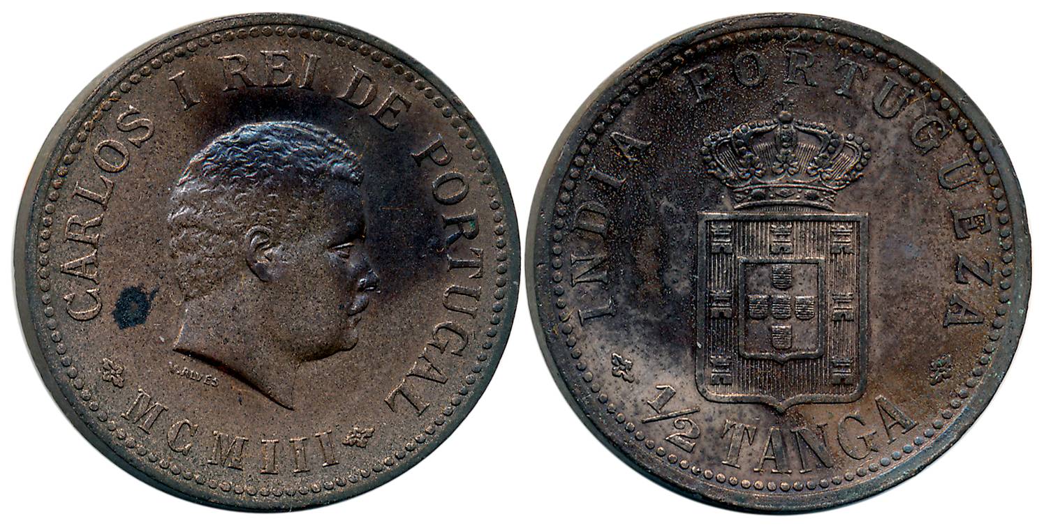 Carlos I, Copper 1/2 Tanga, 13.15g, MCM III (1903), Obv: Bust to left, Rev: Crowned arms (