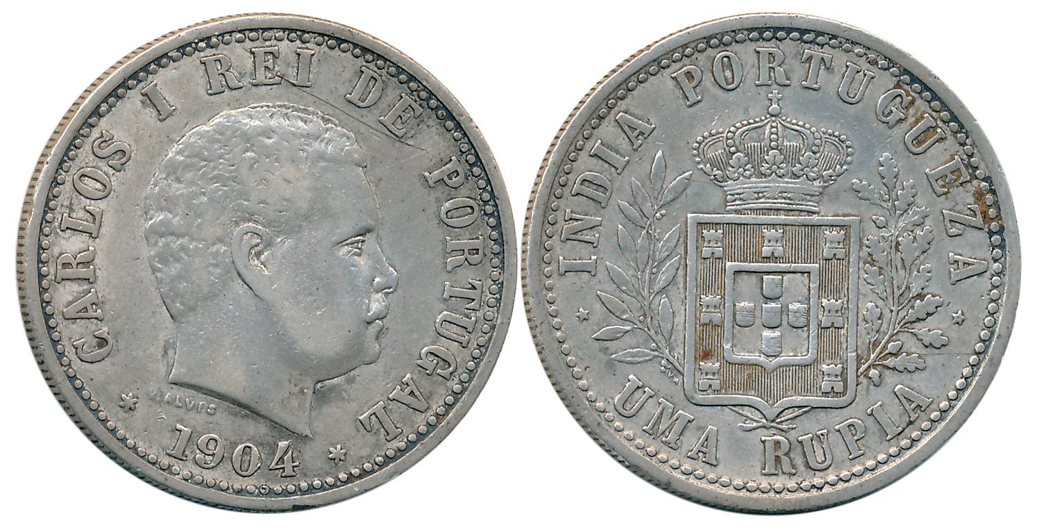 Carlos I, Silver Rupee, 1904, Obv: Head of Carlos I to right, Rev: Crowned shield within w