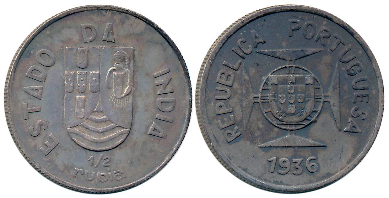 Silver 1/2 Rupee, 5.84g, 1936, Obv: Shield on lined circle at center of Maltese cross, Rev