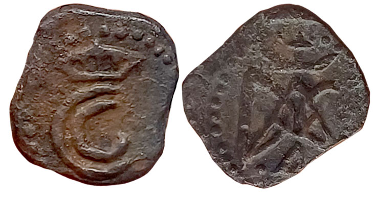 Christian VI, Copper 4 Cash, 2.59g, Obv: Crowned C6 monogram. Rev: Crowned DAC monogram, 4