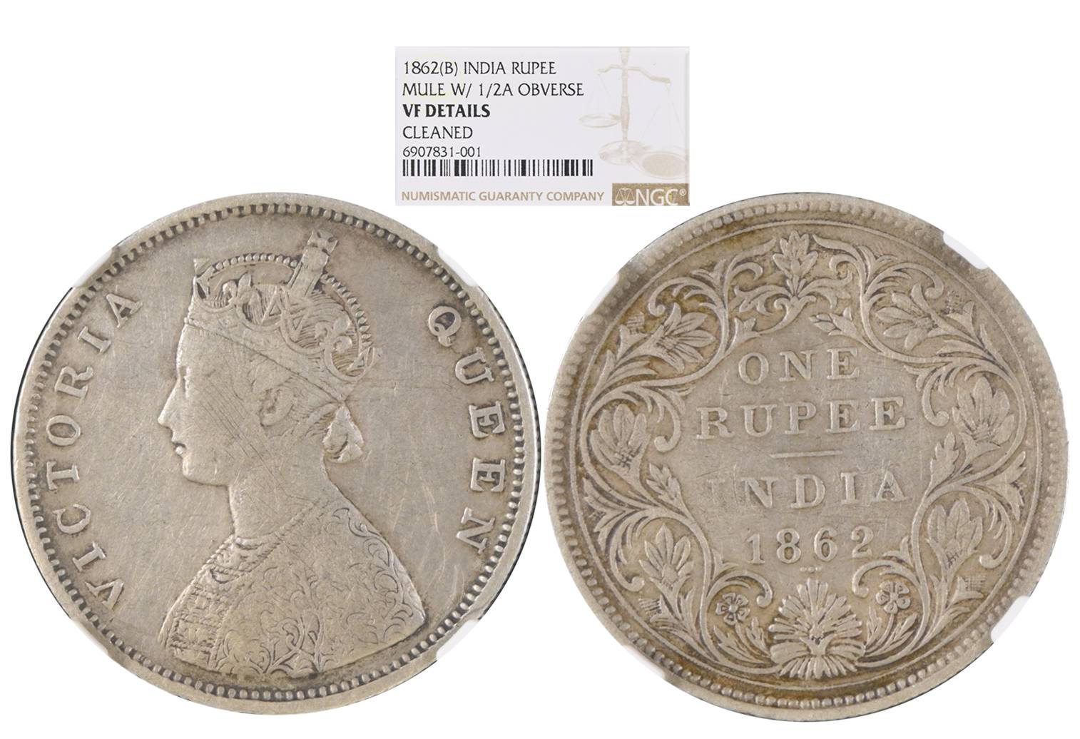 Victoria Queen, Silver Rupee, 1862, Mule- 1/2 Anna obverse, Bombay Mint. Slab & Graded by 