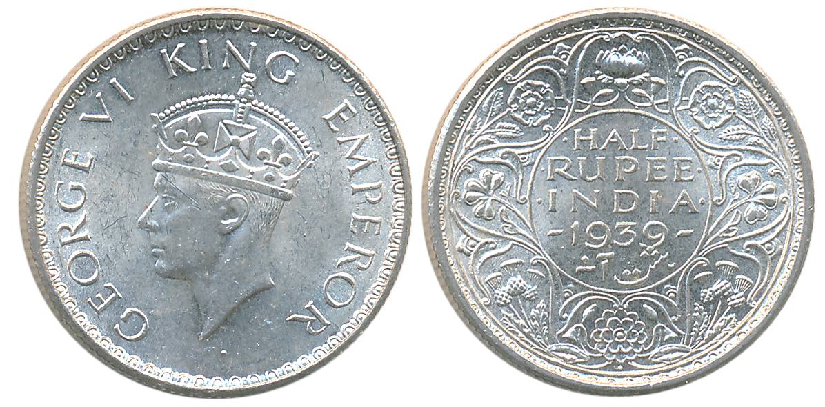 George VI, Silver 1/2 Rupee, 1939, Bombay Mint, 2nd Head, A/I/dot (Prid# 353). Minor scrat