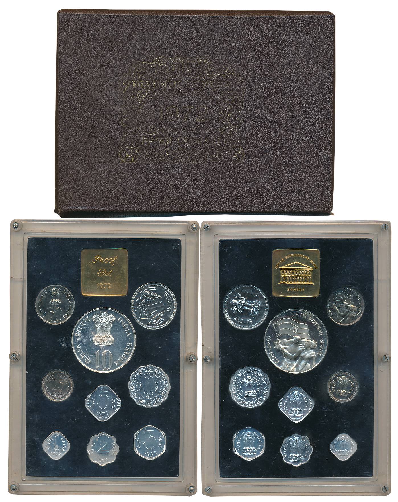 1972, Proof set of 9, Rupees 10 & 1 & Paisa 50, 25, 10, 5, 3, 2 & 1, with Mint emblem, “25