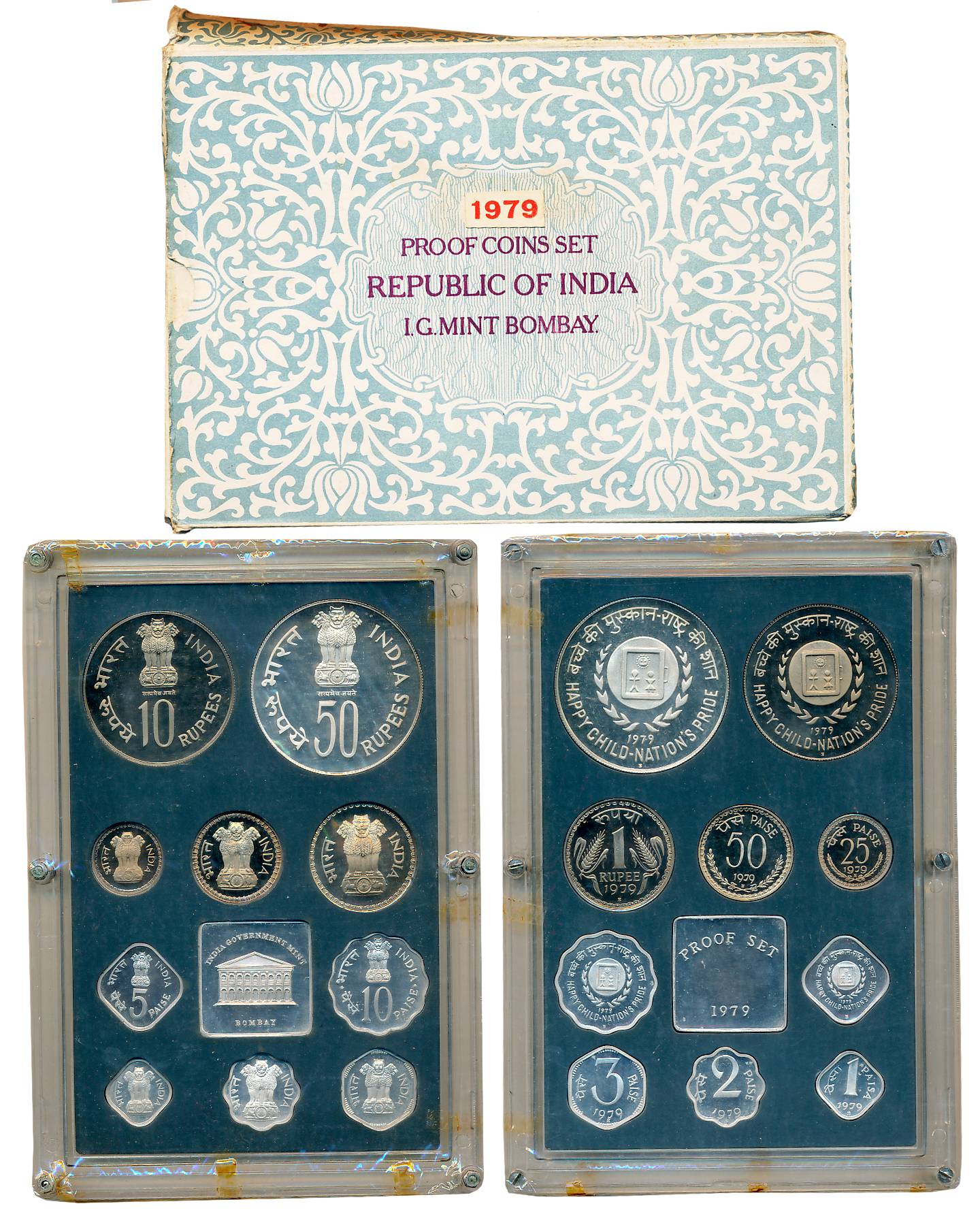 1979, Proof Set of 10, Rupees 50, 10 & 1, Paise 50, 25, 10, 5, 3, 2, & 1, with mint emblem