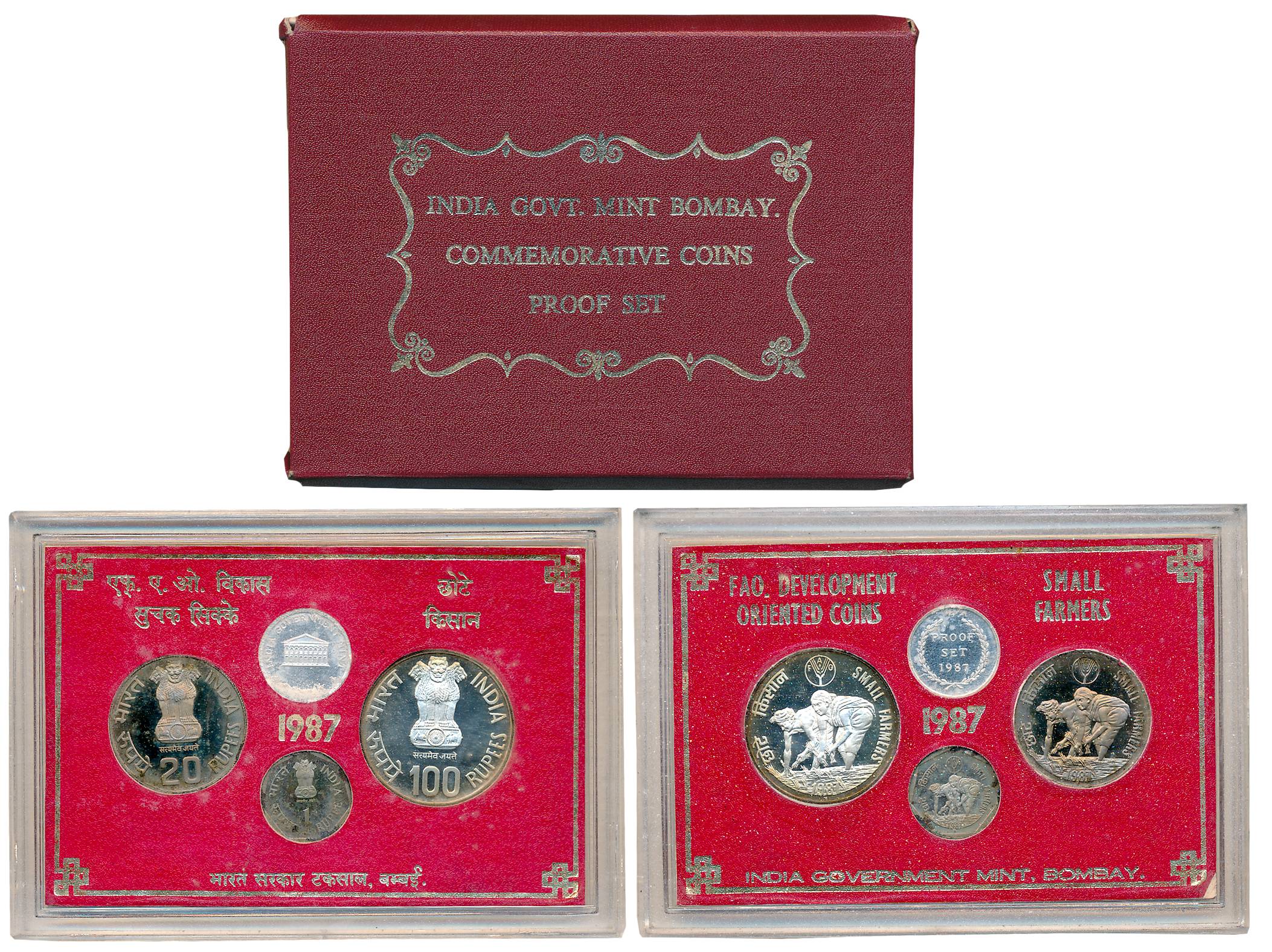 1987, Proof Set of 3, Rupees 100, 20 & 1, with Mint emblem, “Small Farmers”, Bombay Mint (