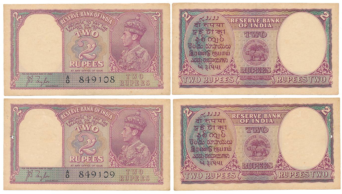 George VI, Rupees 2 (2), Type 2, Signed J. B. Taylor, Prefix A/0, Serial number in Black (