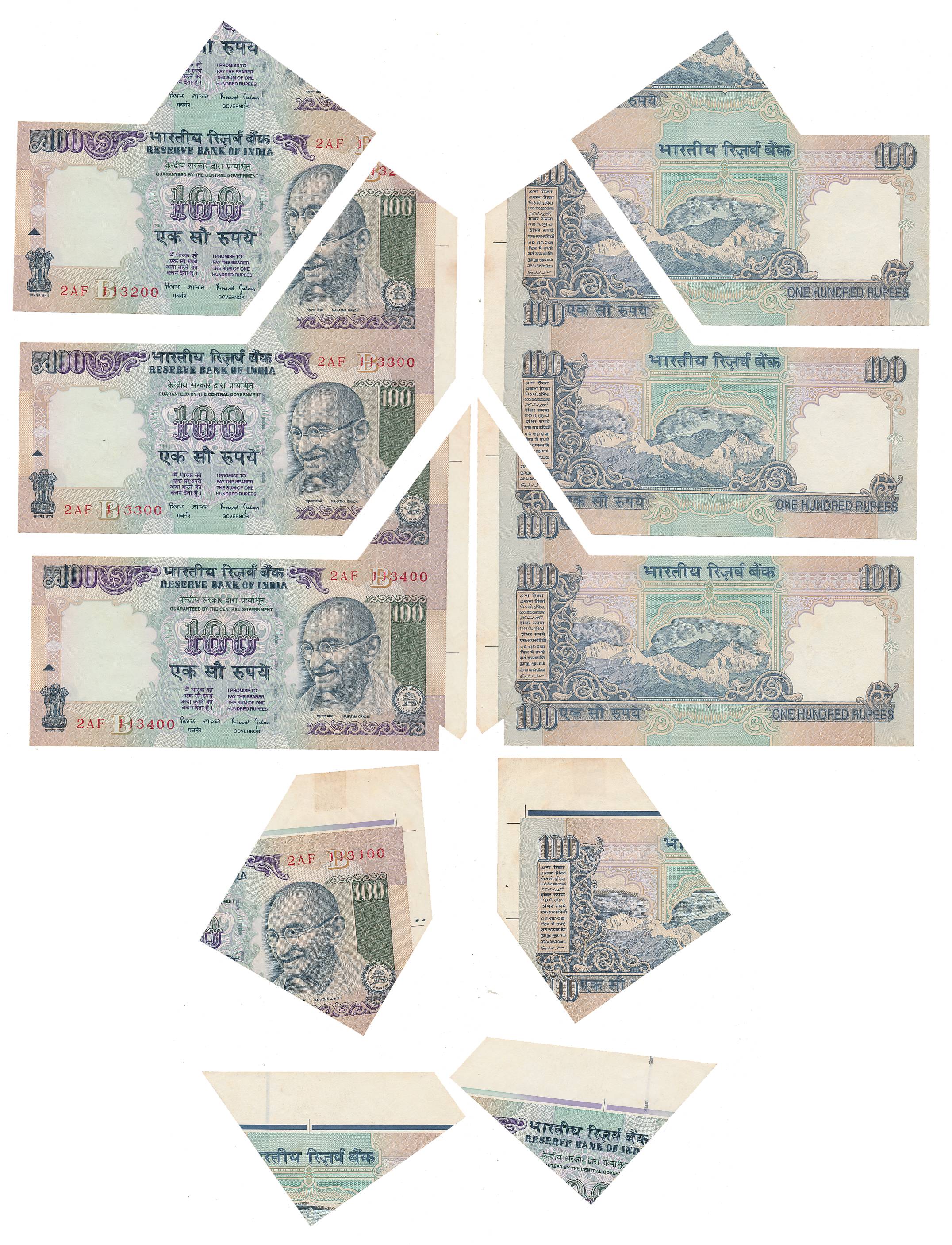 Rupees 100 (4), Error- Four consecutive miss-cut into 5 pieces, all notes with extra paper