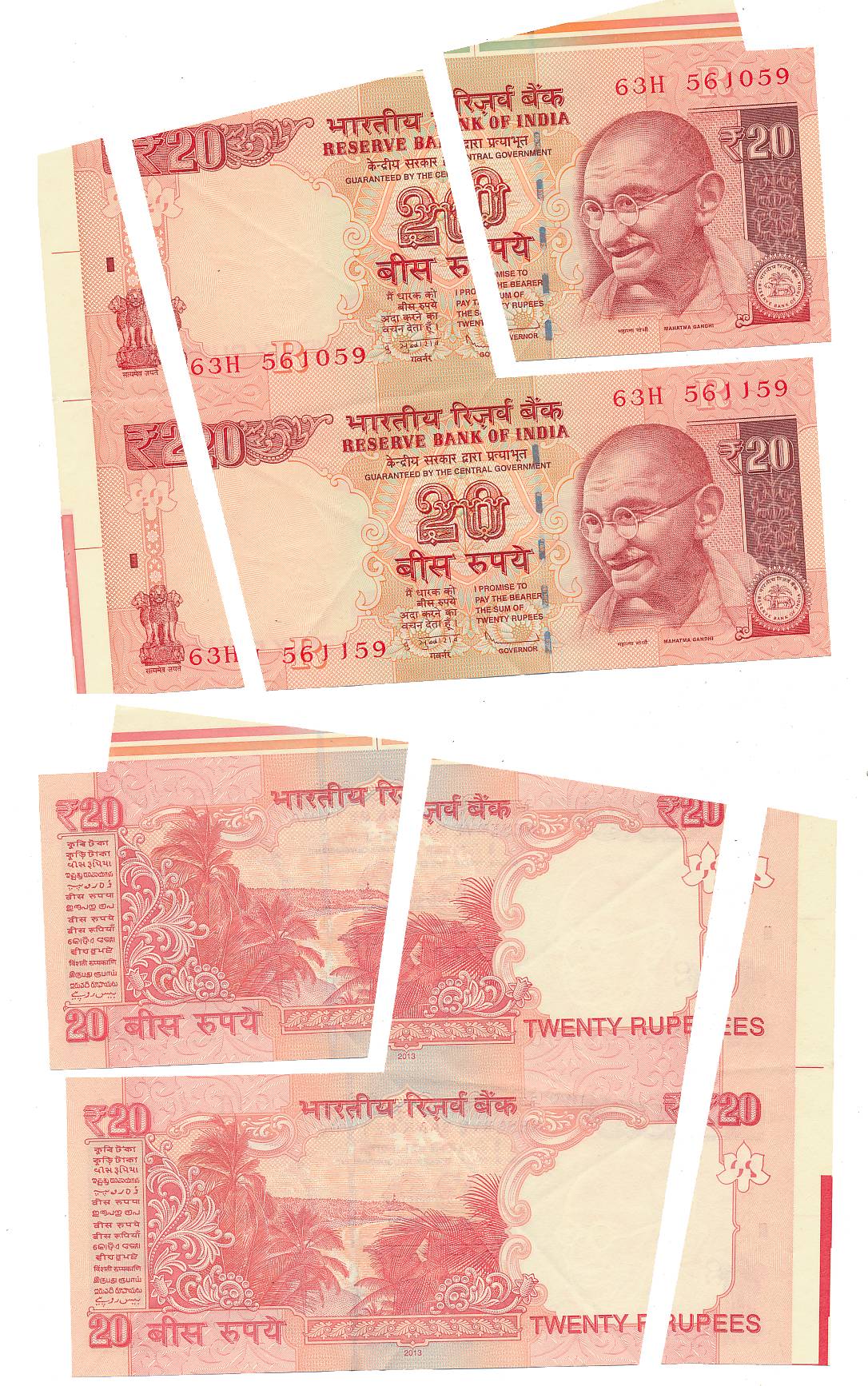 Rupees 20, Error- Three parts, a pair of two consecutive miss-cut notes, both with extra p