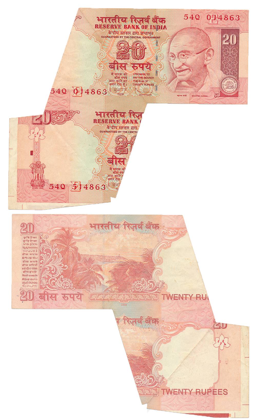 Rupees 20, Error- The top note attached to the bottom due to paper fold whilst cutting, wi