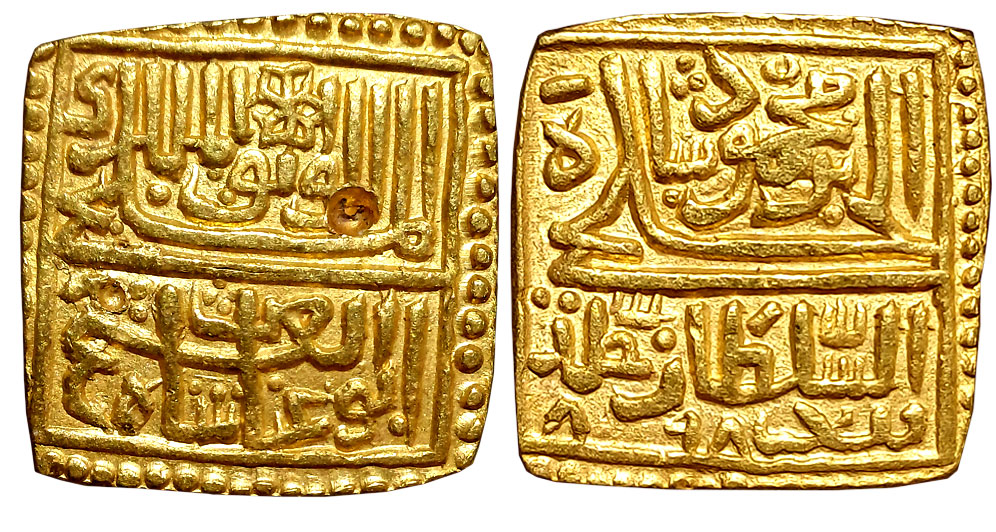 Ghiyath Shah, Gold Tanka, 11.04g, AH 898, Obv: Arabic legend in rectangle “al-Wathiq ba al