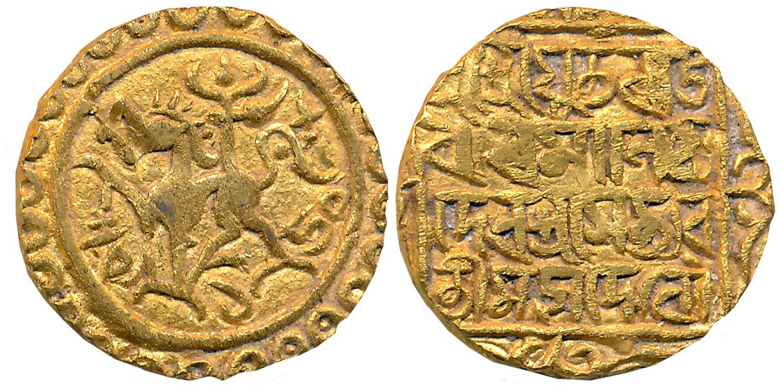 Rajadhara Manikya, citing Queen Satyavati, Gold Tanka, 10.67g, SE 1508, Obv: Lion facing t