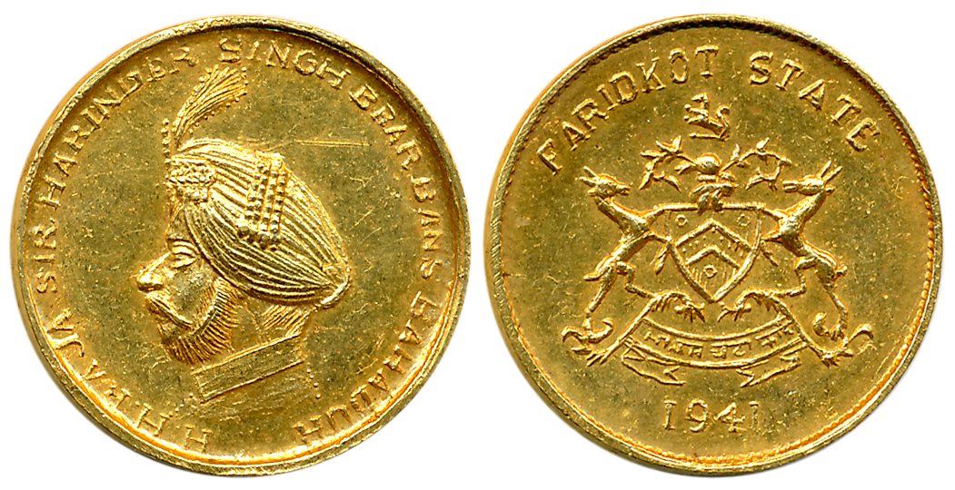 Maharaja Harindar Singh, Gold Presentation 1/3 Mohur, 3.38g, Dated 1941, Obv: Bearded bust