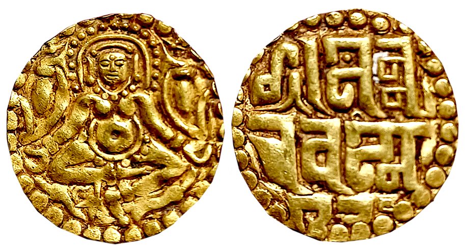 Paramaras of Malwa, Naravarman, Gold 4 1/2 Masha, 4.04g, Obv: Goddess Lakshmi seated facin