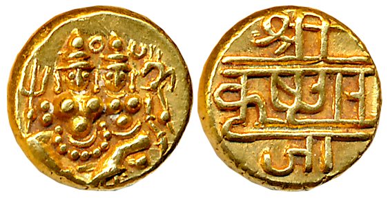 Krishna Raja Wodeyar, Gold Varaha, 3.43g, Obv: Lord Shiva-Parvati seated, Rev: Devnagari l