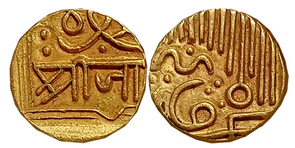Jam Shri Vibhaji, Gold 1/2 Kori, 3.19g, in the name of Jam and Muzaffar Shah III (The last