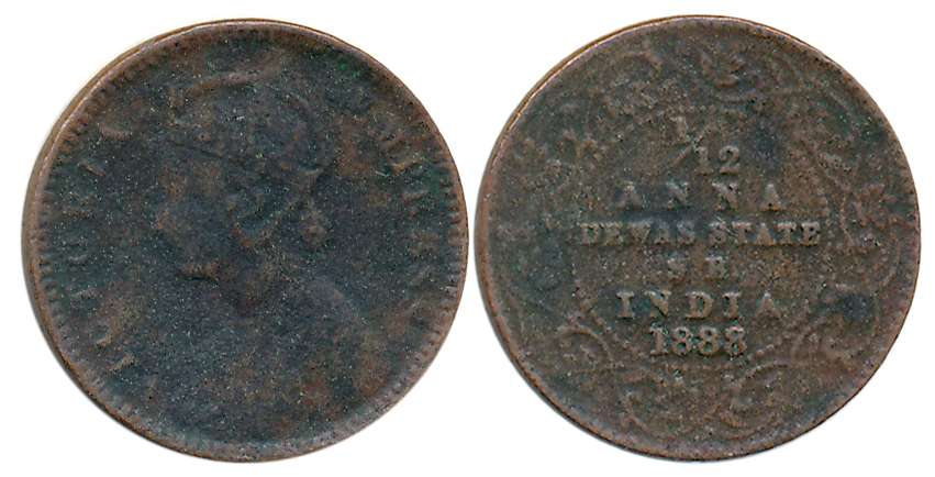 Narayan Rao, Copper 1/12 Anna, 1888, in the name of Victoria Queen, Obv: Crowned bust to l