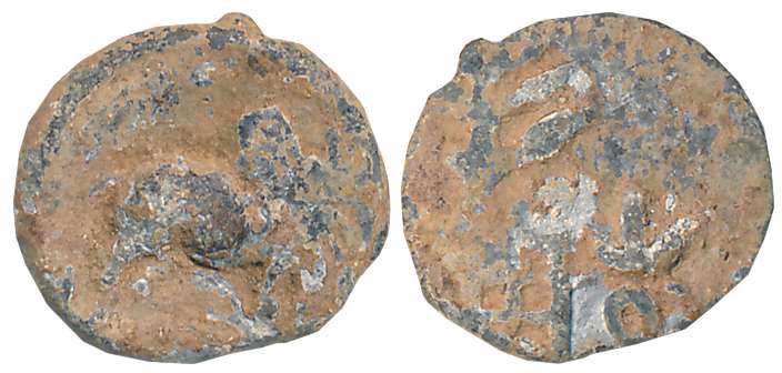 Maharathis, Anonymous, Lead, Unit, 1.77g, “Bull to right” Type, Obv: Bull to right, Rev: T