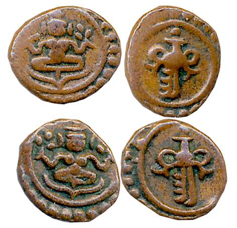 Swati Thirunal Rama Varma, Copper Cash (2), 0.57g, 0.60g, Obv: Seated Goddess Lakshmi with