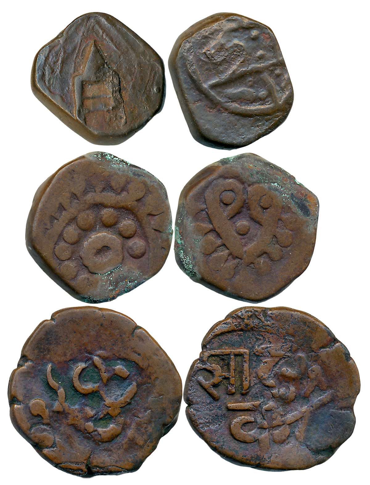 Copper (3), 10.81g, 9.62g, 8.51g, Jabua (2) & Makarai (1). Very fine. 3 coins.