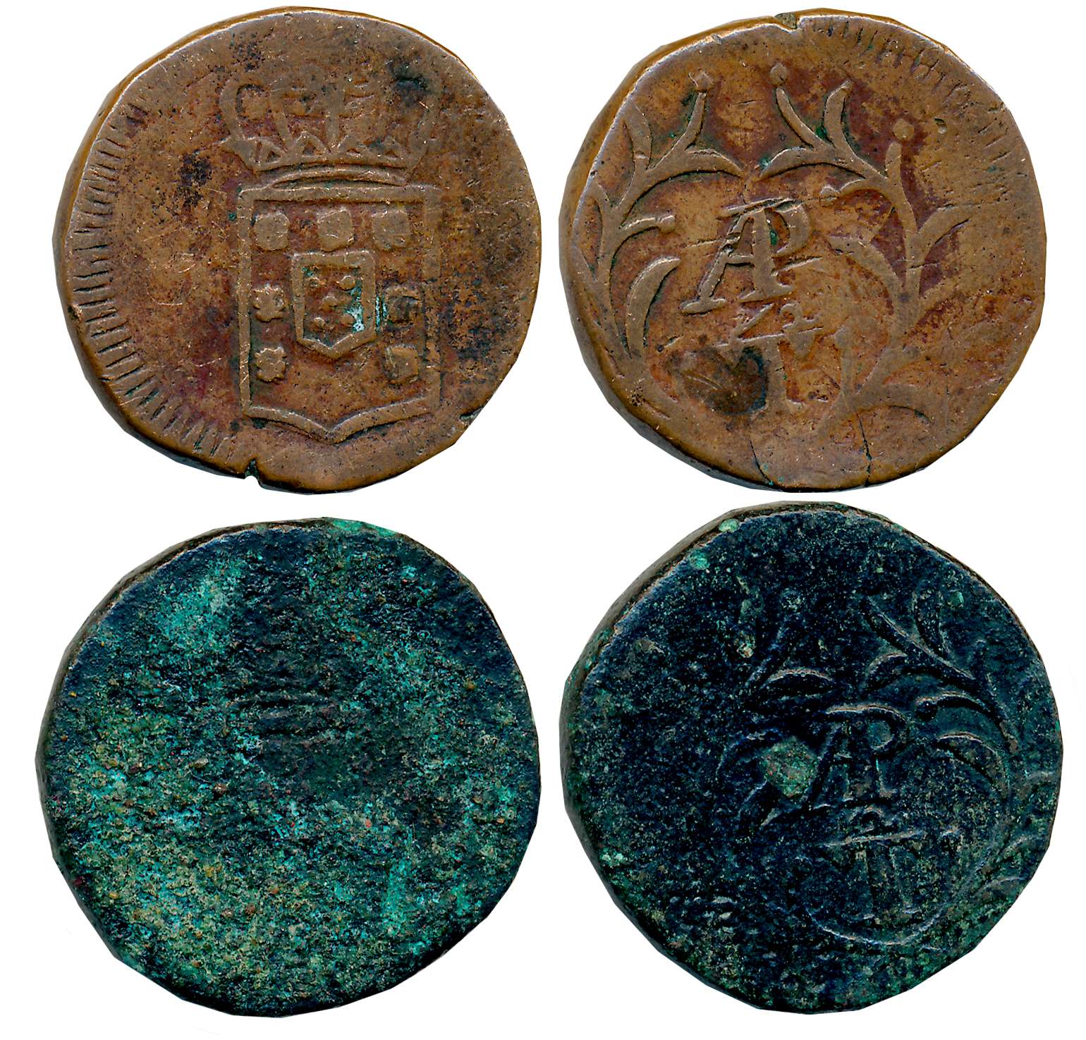 Goa, D. Miguel I, Copper, APT Tanga- 30 Reis (2), 19.06g, 18.21g, ND, Obv: Crowned arms, R