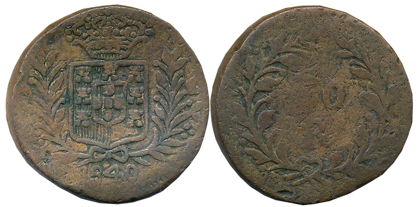 Damao, D. Maria II, Copper 30 Reis, 19.21g, 1840 (Gomes# 14.01). About very fine.