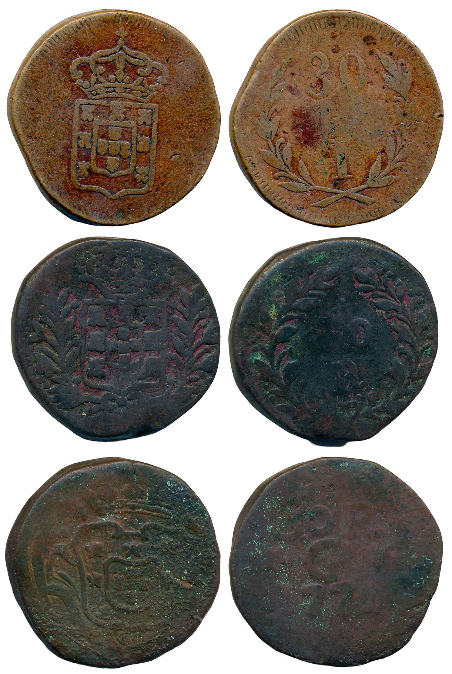 Copper 30 Reis (3), 20.37g, 20.30g, 19.13g, various types. Fine to very fine. 3 coins.